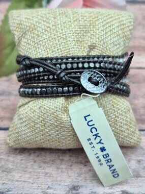 NWT Lucky Brand Boho Semi Precious Accents Beaded Brown Leather Wrap Bracelet